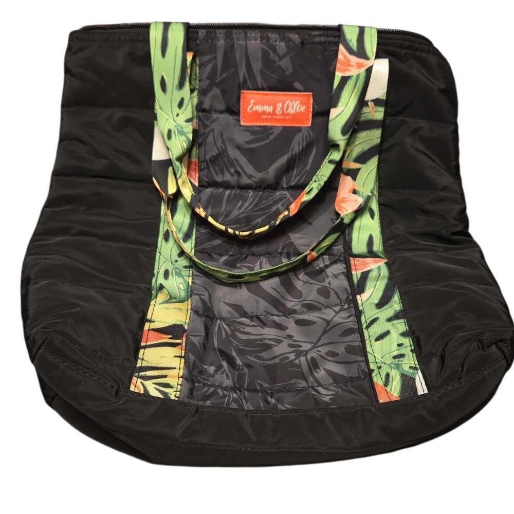 Emma & Chloe Puffer Tote  Large Black Tropical Floral Quilted Shoulder Bag